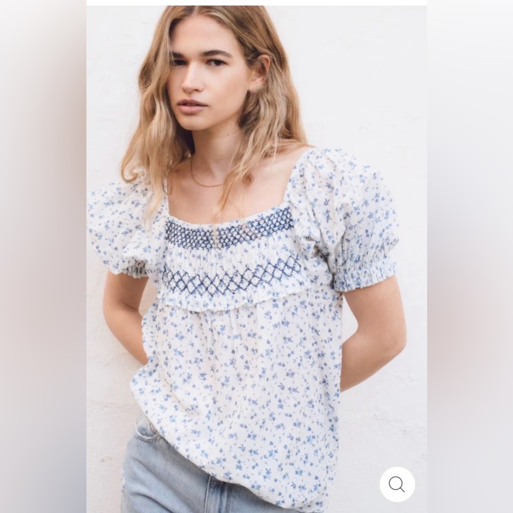 Square-Neck Smocked Floral Blouse - Blue/White